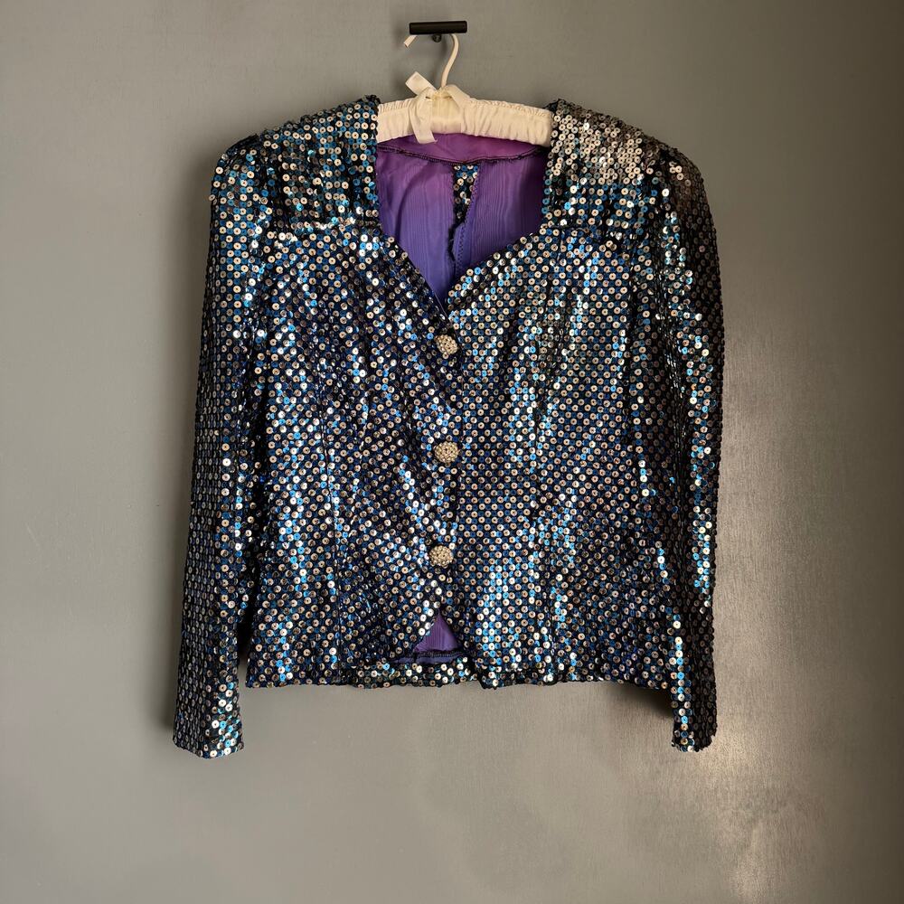 Vintage Custom Made WOMEN'S M/L Blue/Silver Sequin Retro Jacket Theater Costume